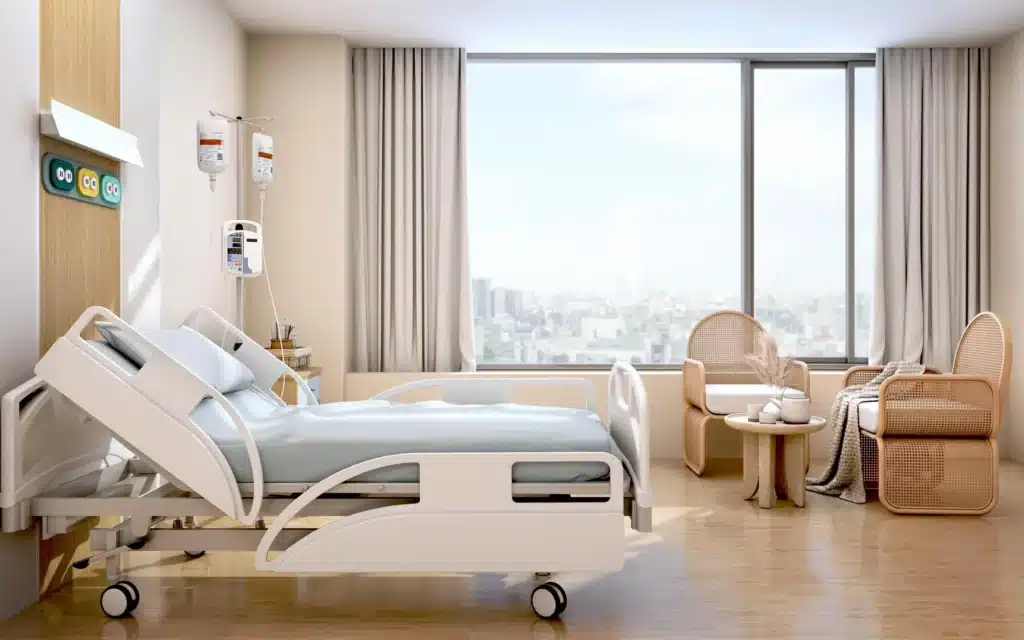 Modernes Wahlleistungszimmer mit komfortabler Ausstattung für Privatpatient:innen